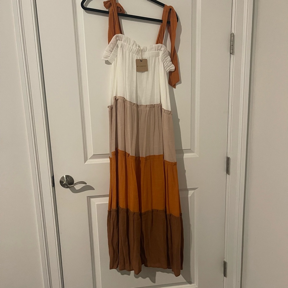 NWT Tiered Maxi Dress with Tie Straps - White, Taupe, Burnt Orange, Brown